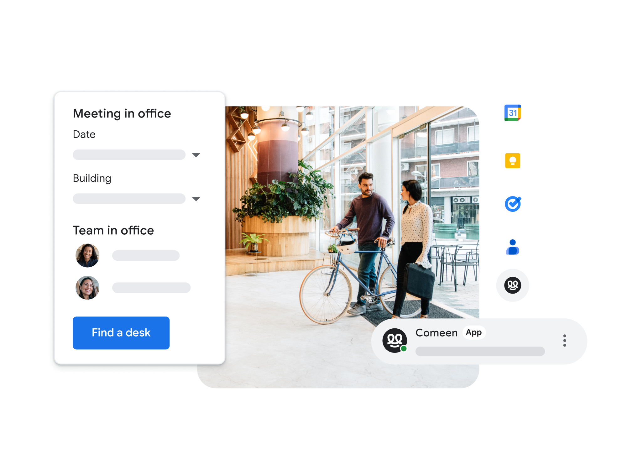使用者利用 Google Meet 整合功能在其他應用程式中加入會議
