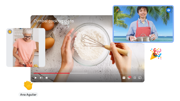 Appel Google Meet montrant une vidéo de quelqu'un qui cuisine avec deux participants à distance.