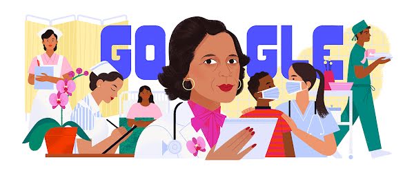 A nurse with short hair, brown hair, and hoop earrings in front of the world 'Google.' Behind the nurse are patients and other nurses.
