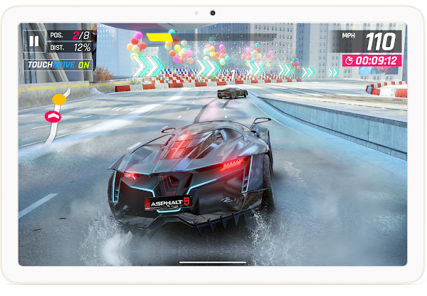 Asphalt 9 is shown on an Android tablet.