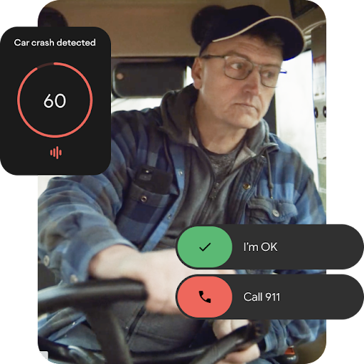 卡车司机坐在方向盘后方。图片左上方叠加着动画图像，显示了一条检测到车祸的通知，以及 60 秒倒计时。图片右下方还有界面动画图像，列出“我没事”和“拨打 911”选项。