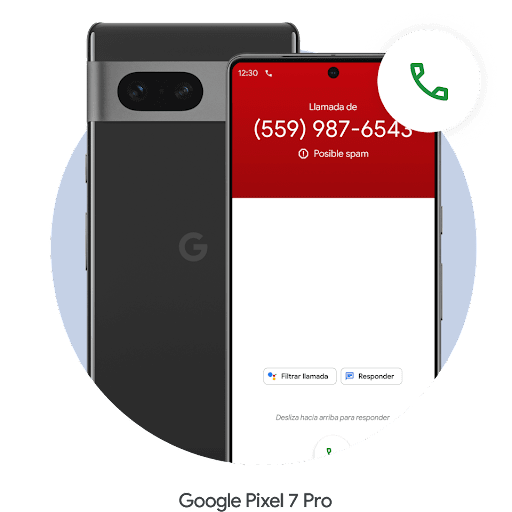 Una pantalla de Android con la pantalla de llamada, un número en una barra roja brillante en la parte superior y un icono de teléfono flotando a la derecha del teléfono.