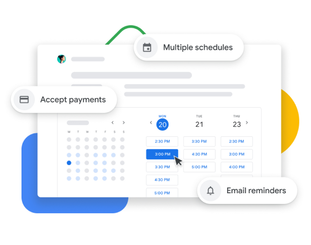 Ilustrasi grafis Google Kalender dengan penjadwalan janji temu yang memungkinkan pengguna menerima pembayaran, memverifikasi janji temu dengan klien, dan mengirimkan pengingat melalui email.