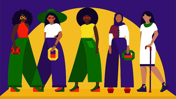 Una ilustración colorida con una variedad de mujeres diferentes