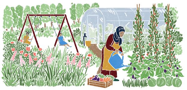 Illustration of a woman watering plants in a garden with two children playing on a swing in the background.