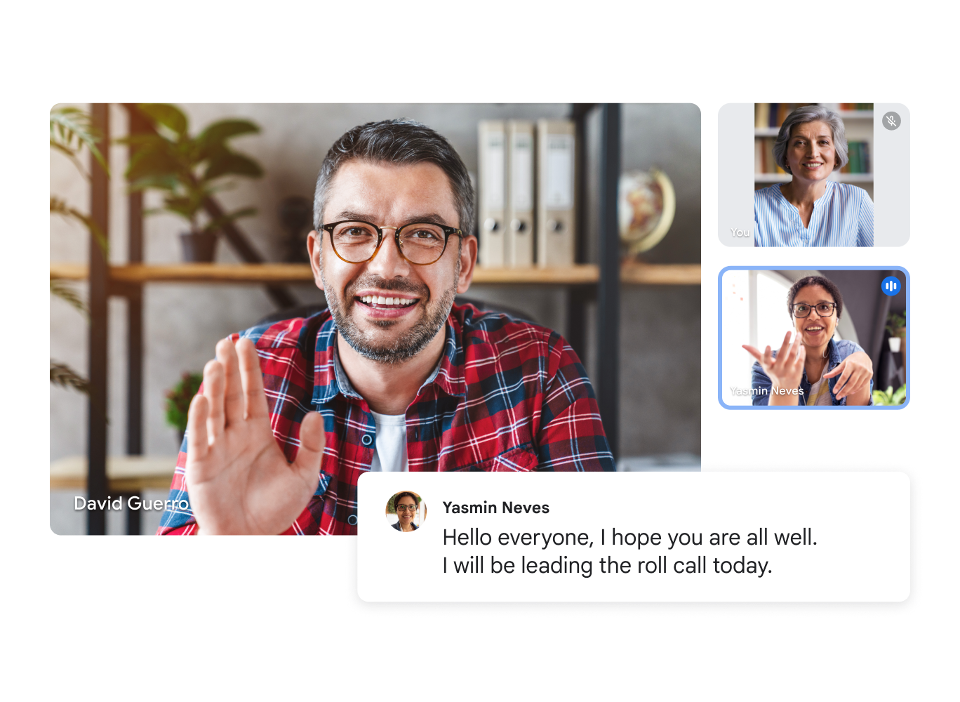 Un appel vidéo Google Meet montrant trois utilisateurs avec une transcription instantanée affichant : « Bonjour à tous. J'espère que vous allez bien. Je procéderai à l'appel aujourd'hui. » 
