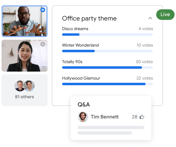 Bei einem Google Meet-Anruf mit 83 Teilnehmenden sind zwei Personen hervorgehoben, die die Antworten einer Umfrage zum Motto der Bürofeier vorstellen.
