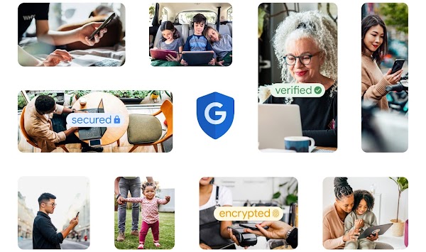 Google Güvenlik kalkanı ikonunun etrafında, telefon, bilgisayar, tablet gibi elektronik cihazlar kullanan çeşitli yaş ve ırktan insanların fotoğrafları.