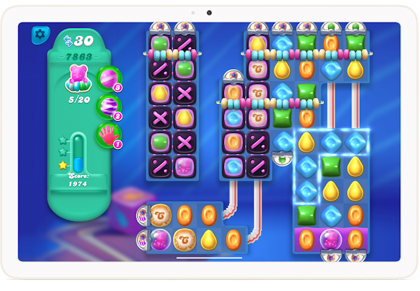 Candy Crush Soda Sagais shown on an Android tablet.