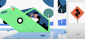 물에 빠진 자동차 안에 갇힌 남성의 일러스트레이션이 표시된 동영상 미리보기 이미지입니다.