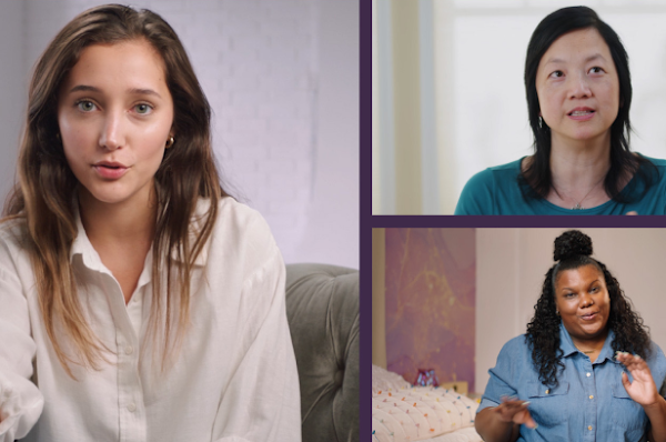 Un collage de tres mujeres sentadas y hablando a la cámara.