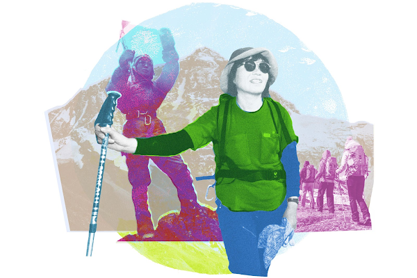 A collage of the mountaineer, Junko Tabei, in her hiking gear on the mountainside.