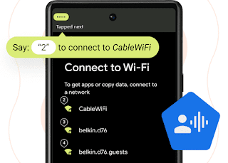 Téléphone Android surmonté d'une bulle de texte verte indiquant "Dites '2' pour vous connecter au Wi-Fi Câble". Une liste d'autres réseaux Wi-Fi disponibles à proximité figure en dessous.