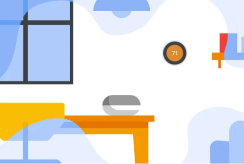 In an illustration of a home, a Google Nest Mini emits a warm, colorful bubble, amidst an otherwise cold, blue background.