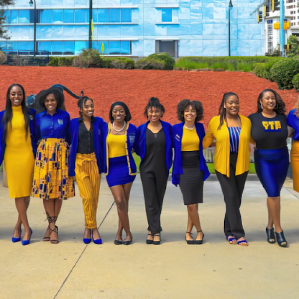 Un grupo de 16 mujeres afrodescendientes vestidas de azul y amarillo están paradas en fila y sonríen a la cámara.