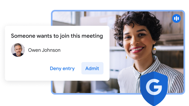 Una UI di Google Meet mostra una finestra popup con la scritta "Qualcuno vuole partecipare alla riunione" e le opzioni "Blocca" o "Ammetti".