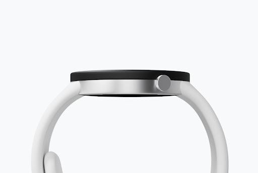 Uma visualização lateral de um smartwatch com ícones de apps pairando acima dele.
