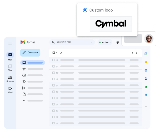 Stylizované zobrazení rozhraní Gmailu se zdůrazněným vlastním logem společnosti uživatele.