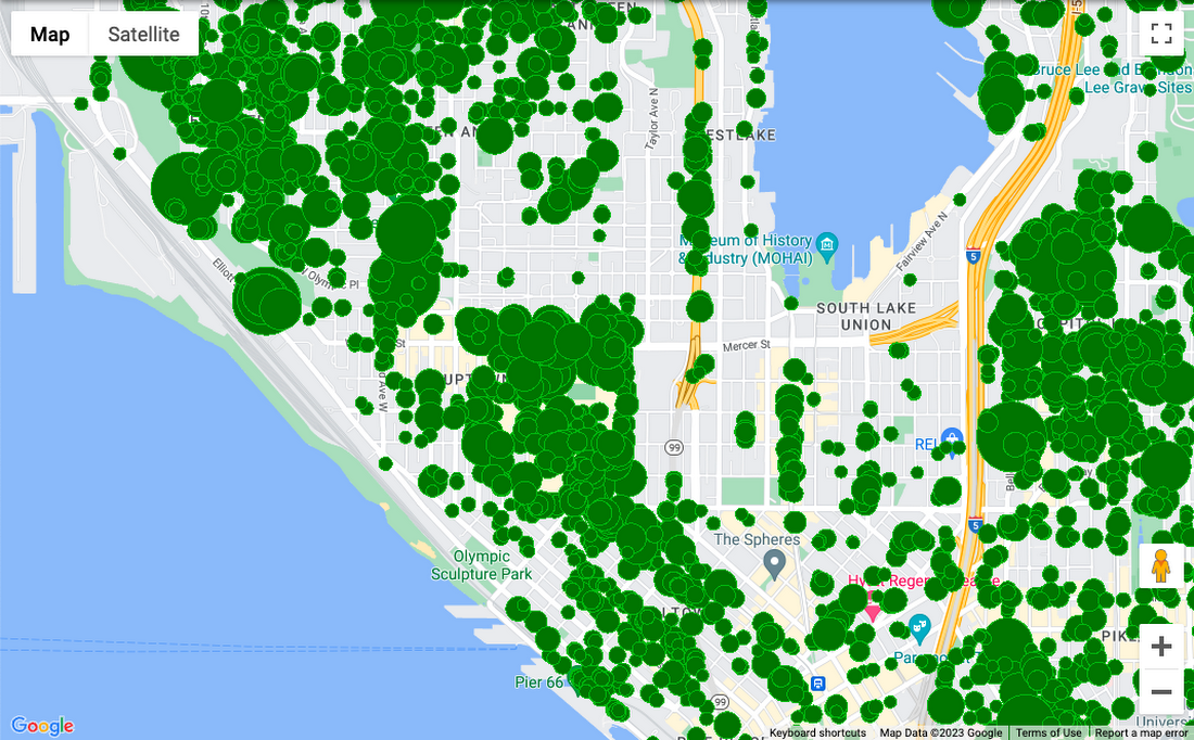 Trees in Seattle on a map 