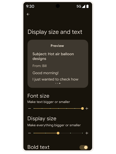 Một màn hình chế độ cài đặt hỗ trợ tiếp cận trên Android có nội dung "Display size and text" (Văn bản và kích thước hiển thị) cùng với cửa sổ Xem trước các thay đổi và thanh trượt cho "Font size" (Cỡ chữ), "Display size" (Kích thước hiển thị) và một nút bật/tắt cho "Bold text" (Văn bản in đậm).