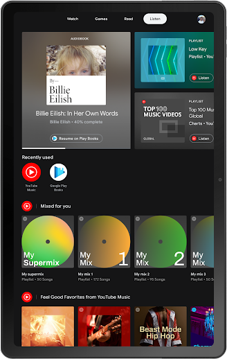 エンターテイメント スペースが開かれている Android タブレット。さまざまな曲を含むプレイリストが表示されている