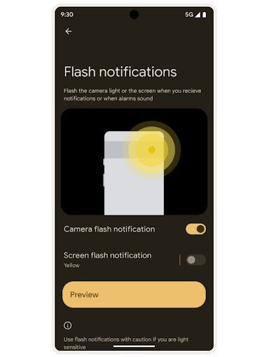 An Android accessibility settings screen for 'Flash notifications'. An illustration of the back of the phone’s flashlight illuminated with the toggled options for 'Camera flash notification' and 'Screen flash notification,' along with a 'Preview' button.