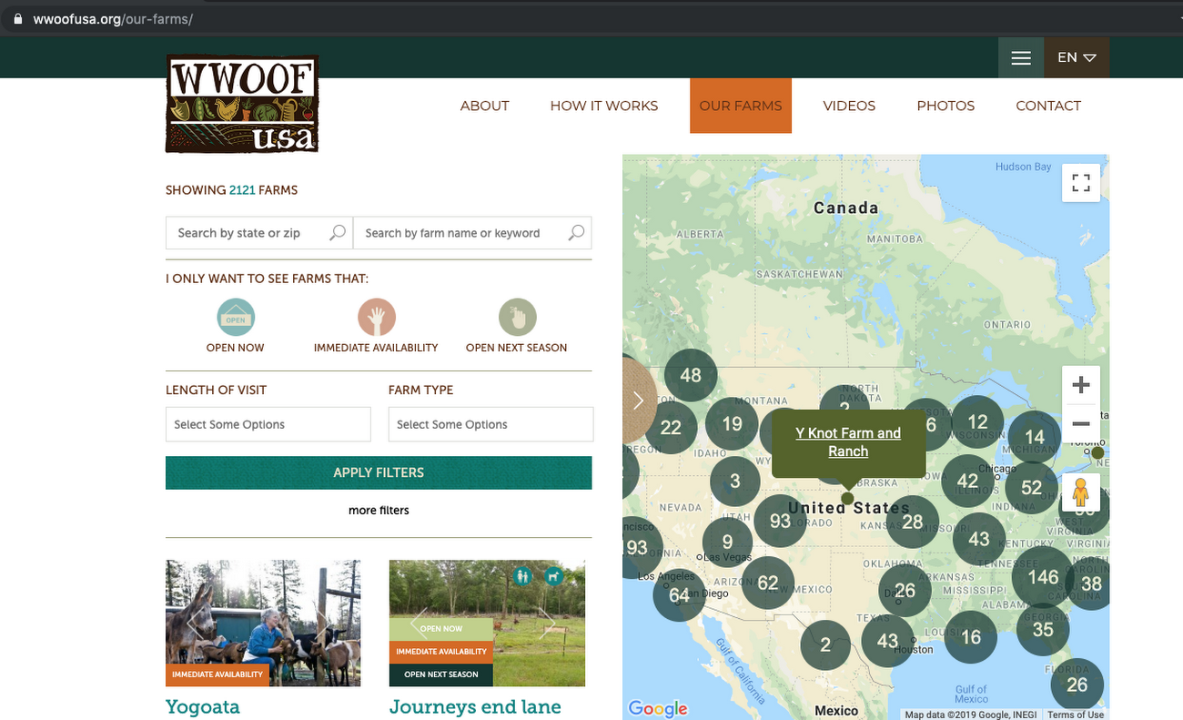 A screenshot of the WWOOF Website with an embedded map and pins. 