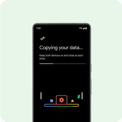 A brand-new Android phone screen with the message "Select your data." along with a list of contacts, photos and videos, calendar events, messages and WhatsApp chats, and music listed below