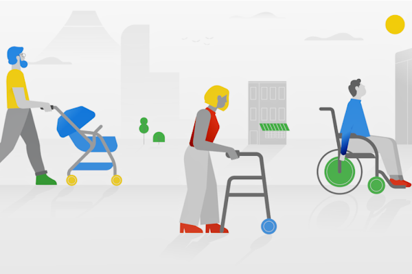 Una ilustración de tres personas: un hombre empujando un carrito, una mujer usando una andadera y un hombre empujándose en una silla de ruedas
