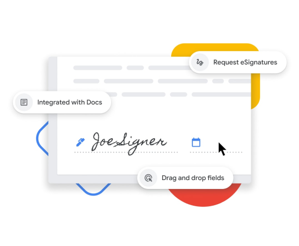 Representação gráfica da funcionalidade de assinatura eletrónica que permite aos utilizadores arrastar e largar campos de nomes e datas e integrar com o Google Docs. 