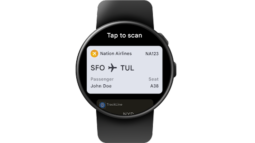 Tapping into Google Wallet on a Wear OS smartwatch to access the QR code for a National Airlines boarding pass.