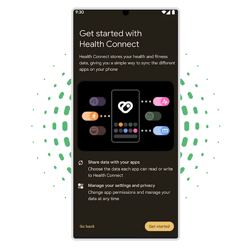 Una pantalla de configuración de Android con el mensaje "Get started with Health Connect" (Empieza a usar Health Connect) aparece abierta y muestra detalles sobre cómo se pueden compartir los datos de salud y cómo administrar la configuración y la privacidad.