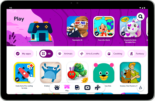 Tablette Android avec Play ouvert à l'écran et montrant une sélection de jeux pour enfants