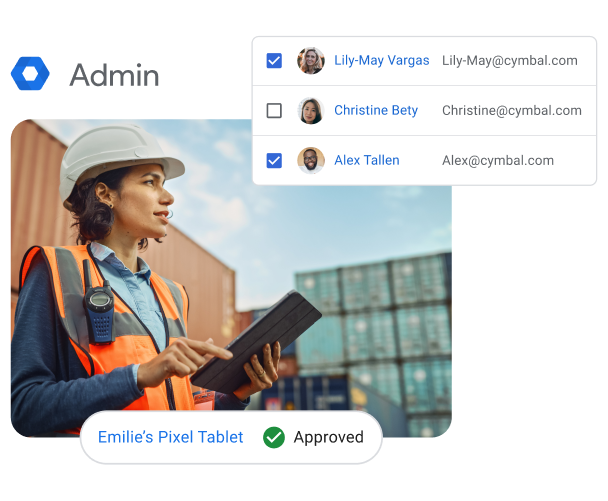 A woman in a shipping yard on a tablet superimposed with admin UI elements suggesting that she is managing employee email access across devices.