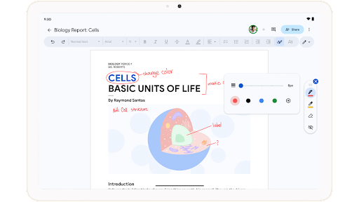Marking up a biology report with hand-written annotations in Google Docs on an Android tablet.