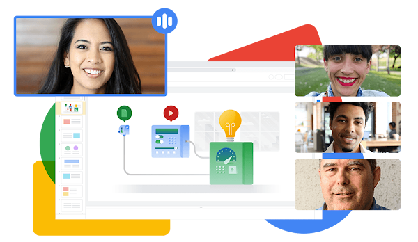 Illustration viser personer i et Google Meet-opkald, som samarbejder i en Google Slides-præsentation. 