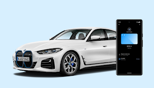 BMW i4 og en Android-telefon viser digital bilnøkkel.