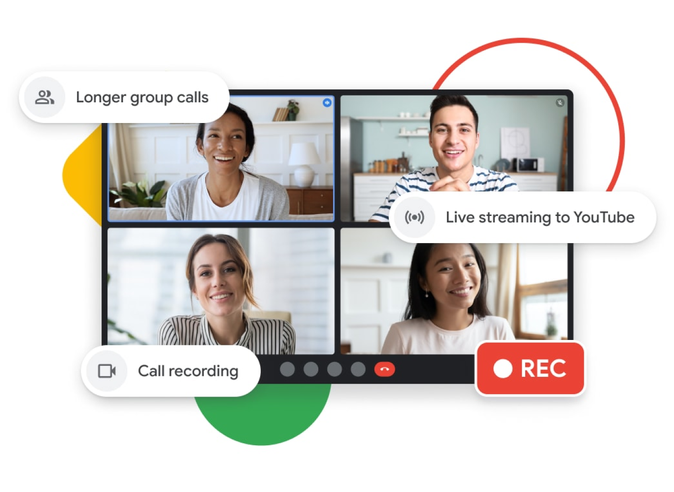 Grafická ilustrace volání přes Google Meet s funkcemi delších skupinových hovorů, živého streamování na YouTube a nahrávání hovorů.