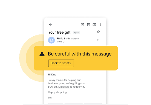 Email com mensagem de segurança amarela