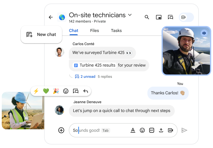 Egy Google Chat-ablakot ábrázoló montázs, amelyen szélturbinákat üzembe helyező szerelők és különféle UI-elemek láthatók.