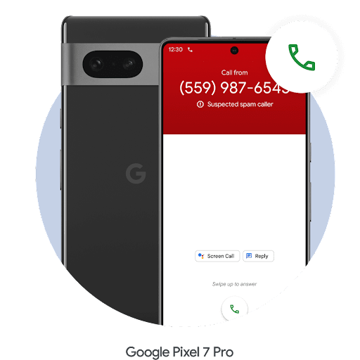 Android で通話画面が開いており、画面上部の赤いバーに電話番号が表示され、スマートフォンの右上に電話のアイコンが浮かんでいる。