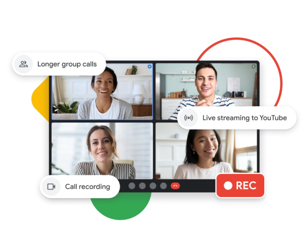 Abbildung der Benutzeroberfläche bei einem Google Meet-Anruf mit längeren Gruppenanrufen, Livestreaming auf YouTube und Funktionen zur Anrufaufzeichnung