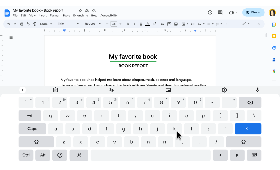 Se ve un teclado en la parte inferior de la pantalla mientras un usuario edita un documento de Google.