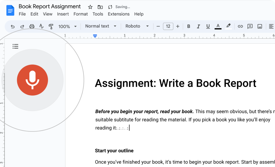 Un usuario edita un trabajo sobre un libro en Documentos de Google añadiendo texto mediante la función de dictado.