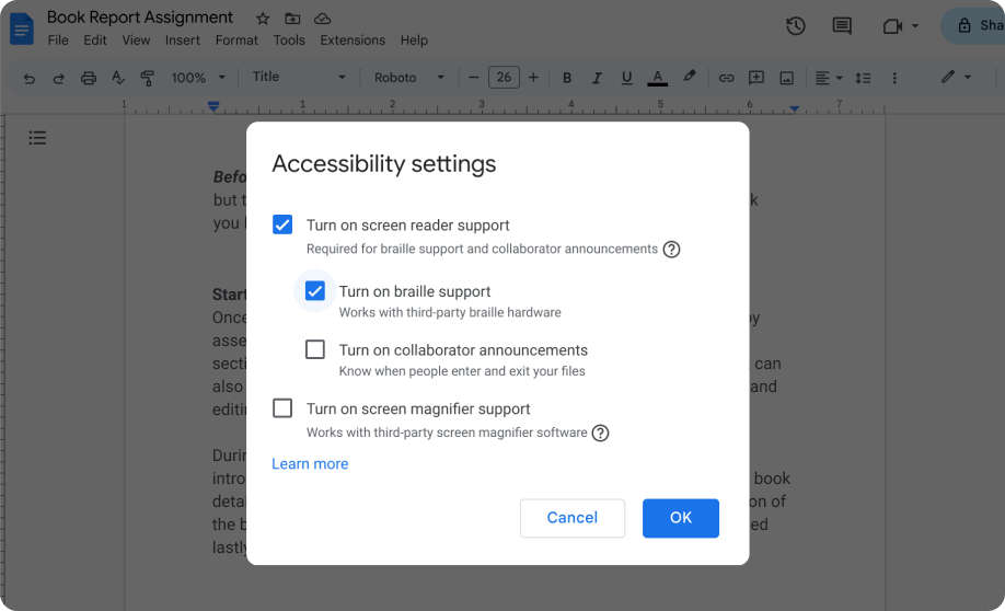 Google 文件的無障礙設定畫面，顯示使用者開啟螢幕閱讀器和點字閱讀器支援功能。
