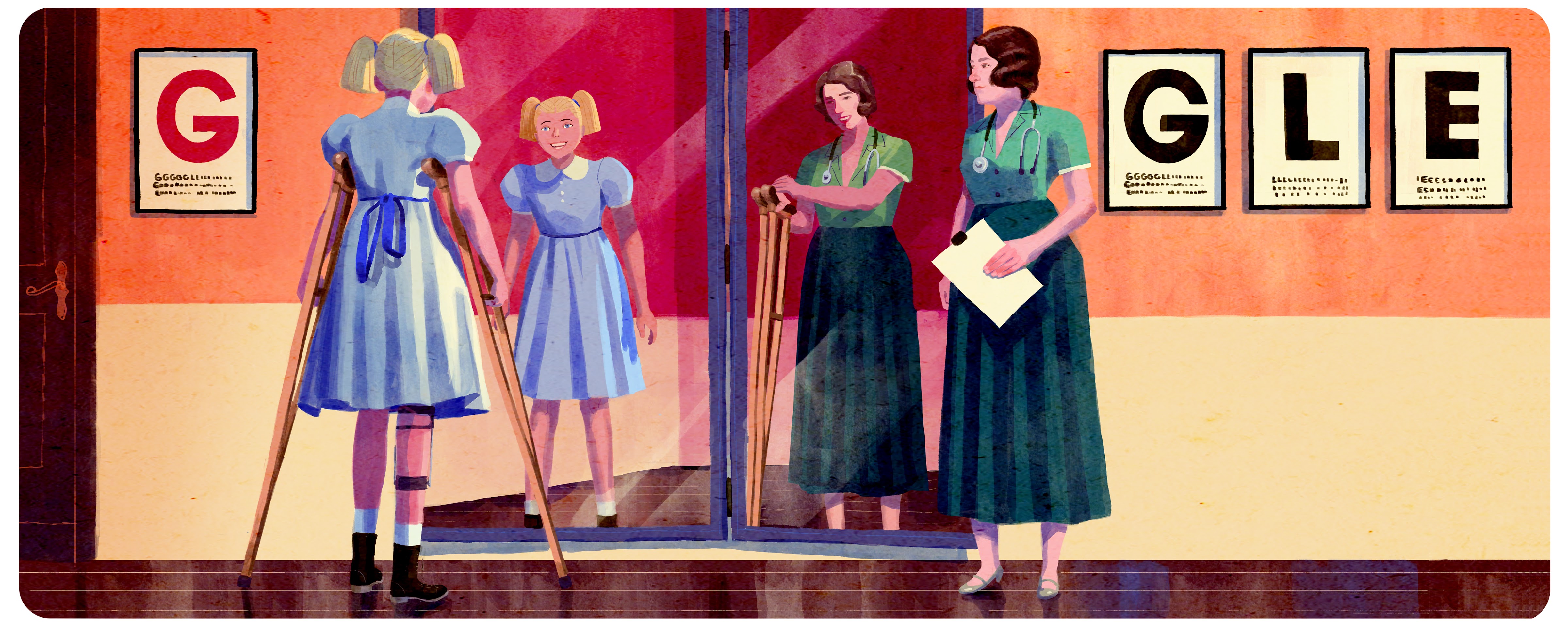 Illustrated Google Doodle for Dame Jean Macnamara's 121st birthday showing girl on crutches looking into a mirror where the crutches are invisible.
