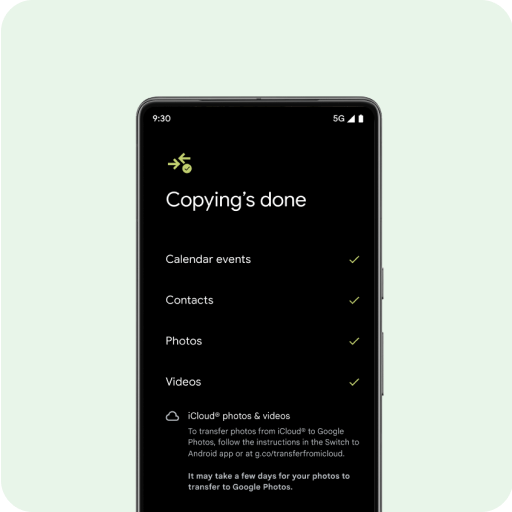A brand-new Android phone screen with the message "Transferring data." along with a list of contacts, photos and videos, calendar events, messages and WhatsApp chats, and music listed below