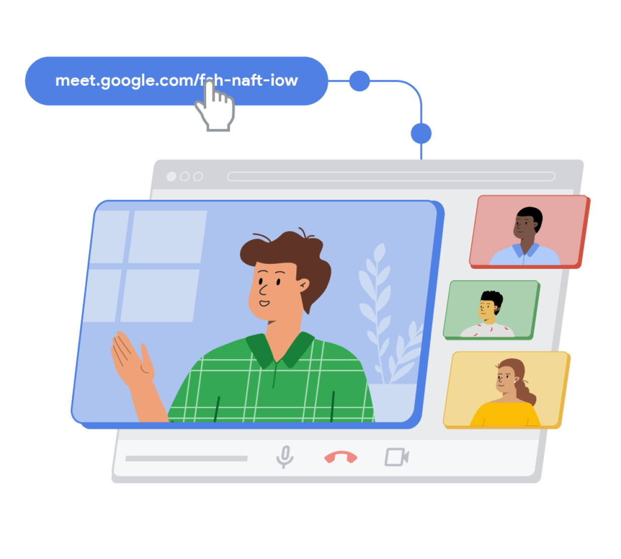 En Google Meet-samtalelink i en blå kapselform som er koblet til et tredimensjonalt nettleservindu dekket av blå, røde, grønne og gule rektangler. I rektanglene er det tegneseriefolk som viser at en Google Meet-samtale pågår.