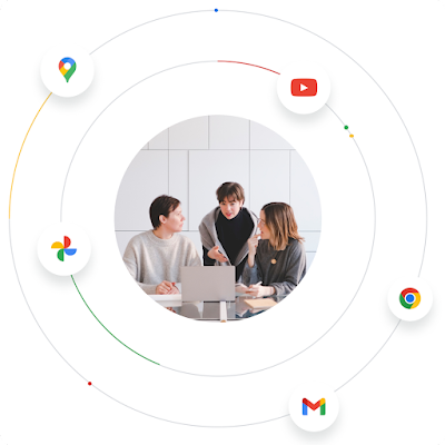 Tři lidé společně pracují na notebooku a jsou obklopeni logy produktů Google, které symbolizují ekosystém Google.