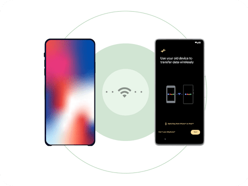 An iPhone and a brand-new Android phone sit side by side with a Wi-Fi symbol between them. Two dots animate between the Wi-Fi symbol and the phones to signify wireless data transfer